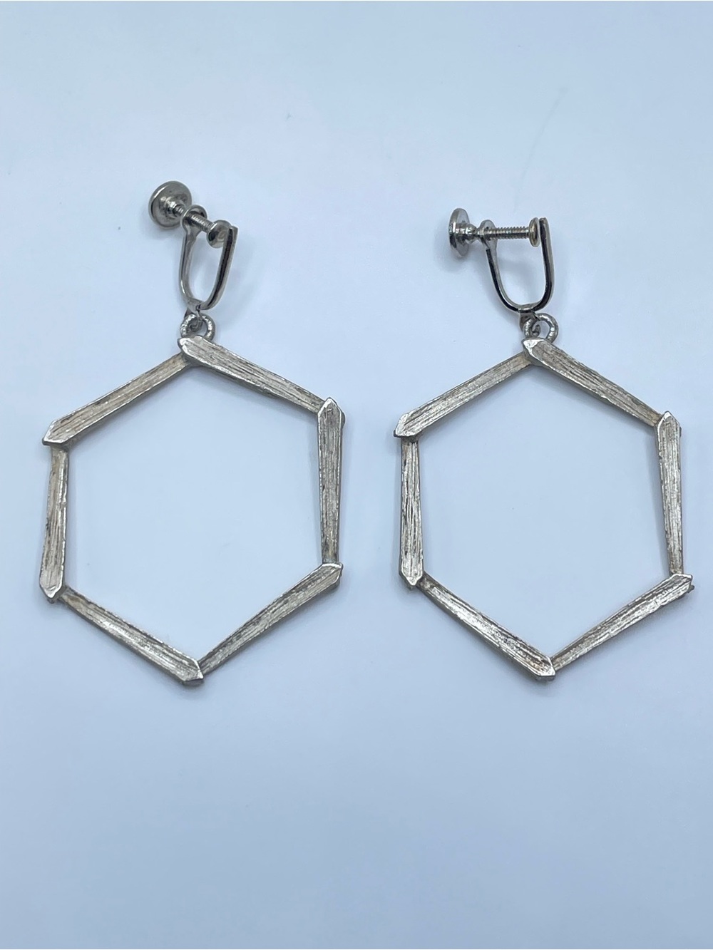 Vintage Signed Danielle Pewter Geometric Hexagon Dangle Earrings Art Deco